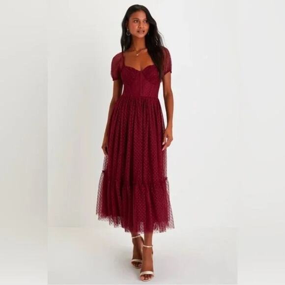 Lulus “Sweet Amor” Burgundy Tulle Midi Dress - Size M - NWOT 💃🍷 - Picture 1 of 13